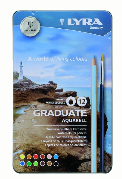lyra graduate pack de 12 lapices de colores acuarelables con 1 pincel incluido hexagonal estuche de metal colores surtidos