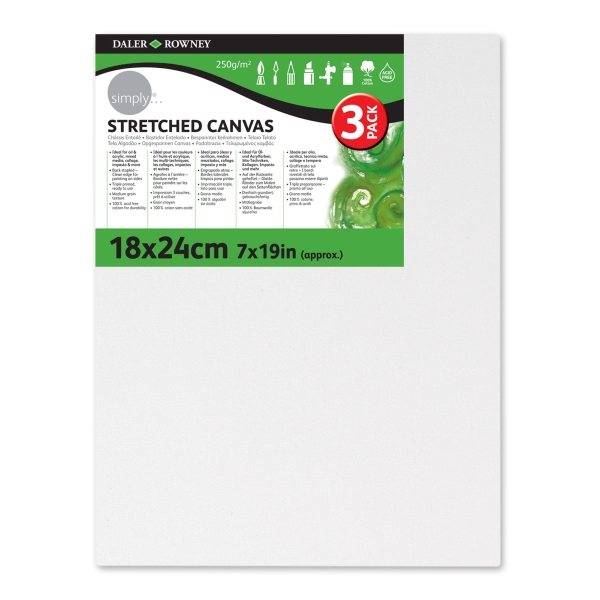 daler rowney simply pack de 3 bastidores entelados 18x24cm imprimacion triple grano medio 100% algodon sin acido 250g color blanco
