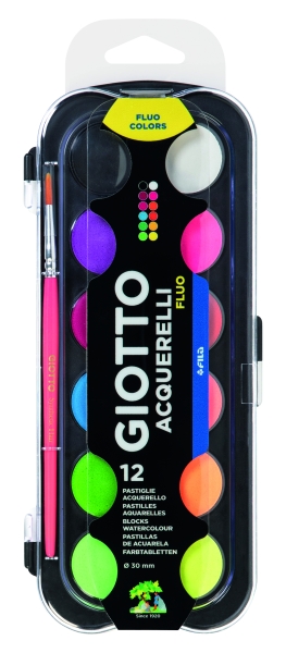 giotto fluo pack de 12 acuarelas 1 pincel incluido diametro pastilla 30mm colores fluorescentes