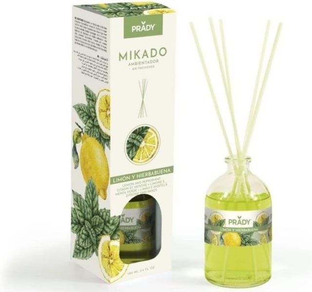prady ambientador mikado limon y hierbabuena frasco de cristal 100 ml y varitas difusoras