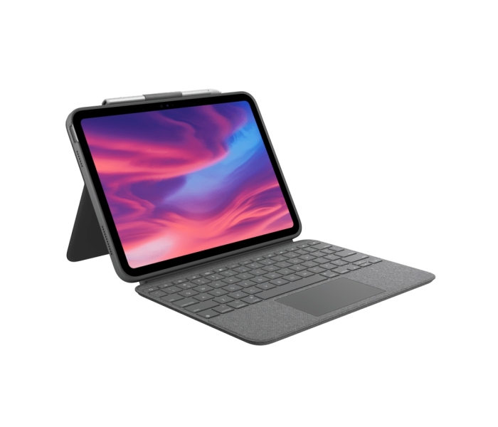 logitech combo touch funda con teclado retroiluminado inalambrico para ipad (gen 10 y a16) trackpad escritura, visualizacion, dibujo y lectura color gris