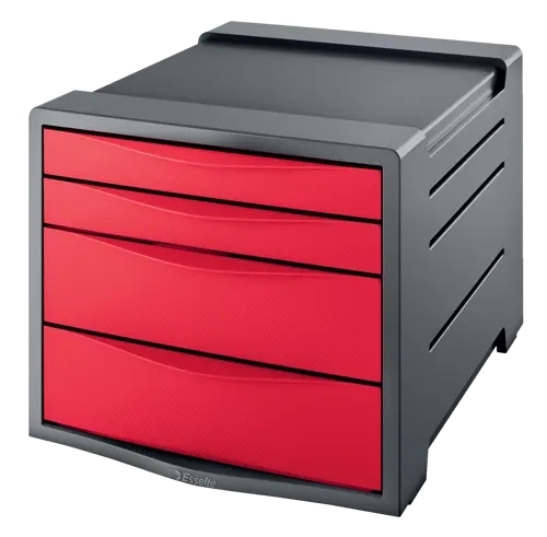 esselte europost vivida buc de 4 cajones 2 medidas de cajon deslizamiento suave base con goma antideslizante color gris/rojo