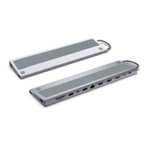 ewent usb c dock 12 en 1 1x usb c, 3x usb 3.2 gen1, 2x hdmi 4k/60hz, 1x displayport 4k/60hz, sd/tf 2.0, audio, rj45 gb, 1x usb c pd 100w color plata