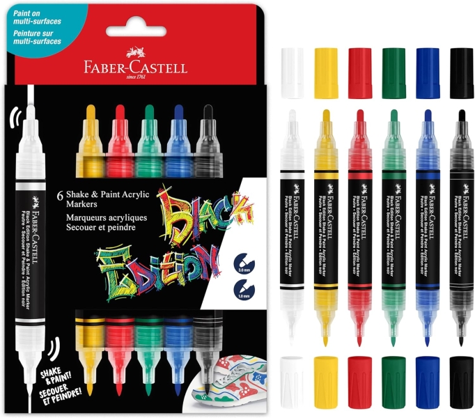 faber castell shake & paint black edition pack de 6 rotuladores acrilicos doble punta puntas redondas de 1mm y 3mm tinta acrilica al agua color clasicos surtidos