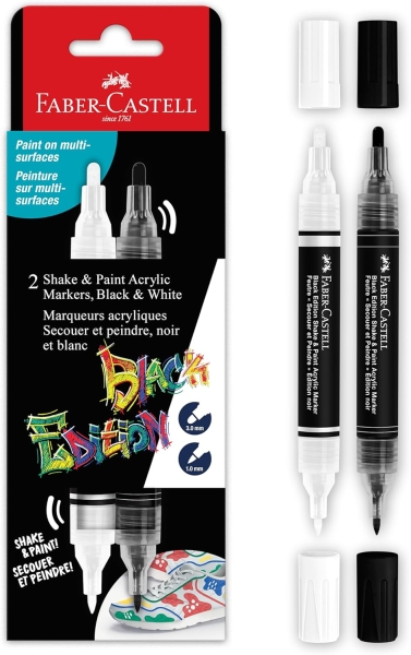 faber castell shake & paint black edition pack de 2 rotuladores acrilicos doble punta puntas redondas de 1mm y 3mm tinta acrilica al agua colores negro y blanco