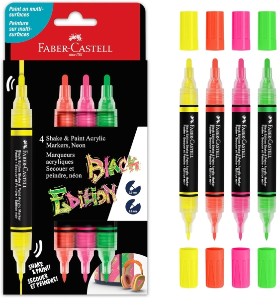 faber castell shake & paint black edition pack de 4 rotuladores acrilicos doble punta puntas redondas de 1mm y 3mm tinta acrilica al agua colores neon surtidos