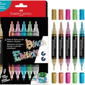 faber castell shake & paint black edition pack de 6 rotuladores acrilicos doble punta puntas redondas de 1mm y 3mm tinta acrilica al agua colores metalicos surtidos