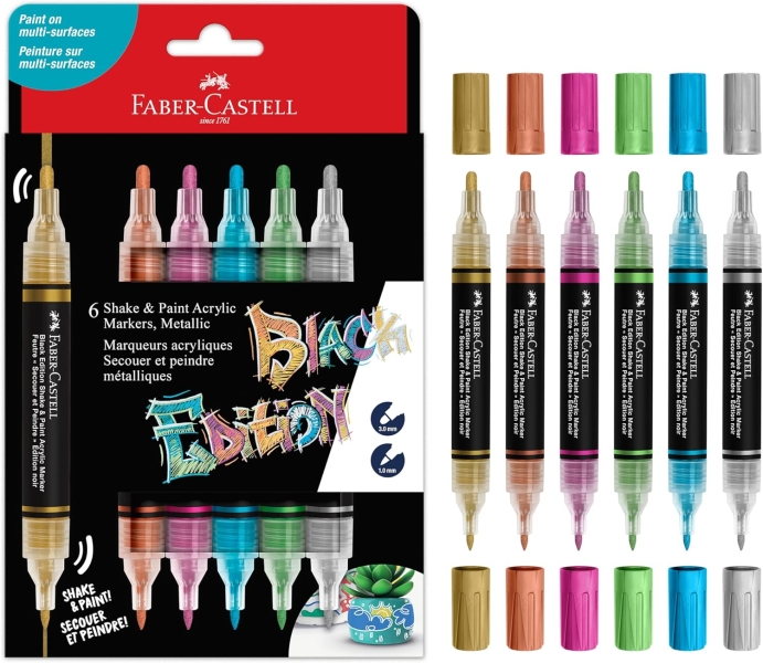 faber castell shake & paint black edition pack de 6 rotuladores acrilicos doble punta puntas redondas de 1mm y 3mm tinta acrilica al agua colores metalicos surtidos