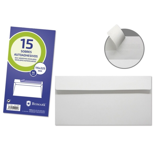 bismark pack de 15 sobres americanos papel 90grs medidas 115x225mm cierre autoadhesivo color blanco