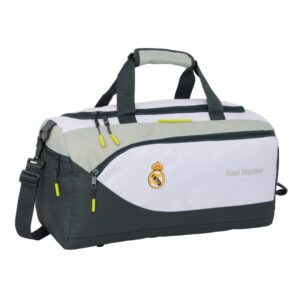 safta real madrid equipacion 25/26 bolsa deporte asa de mano bandolera ajustable y extraible 50x25x25cm color blanco/negro
