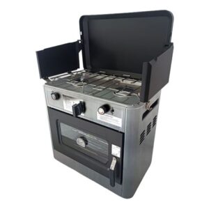 muvip cocina de gas con 2 fuegos tapa protectora horno de 15 litros sistema de seguridad pantalla paraviento 49x34x45.5cm color acero