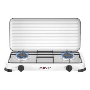 muvip vulcano cocina de gas con 2 fuegos tapa protectora patas de goma superficie esmaltada quemador extraible 57.7x27.8x5.3cm color blanco