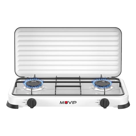 muvip vulcano cocina de gas con 2 fuegos tapa protectora patas de goma superficie esmaltada quemador extraible 57.7x27.8x5.3cm color blanco