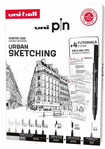 uni ball uni pin urban sketching pack de 8 rotuladores calibrados 0.1, 0.3, 0.5, brush y cs3 + 1 portaminas shalaku s + 4 tutoriales + consejos y sugerencias de da coffee time tinta pigmentada resistente al agua y luz colores surtidos