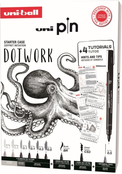 uni ball uni pin dotwork pack de 8 rotuladores calibrados 0.1, 0.3, 0.5, brush y cs3 + 1 portaminas shalaku s + 4 tutoriales + consejos, sugerencias y ejercicios para practicar de la artista ophelie dhayere tinta pigmentada resistente al agua y luz co