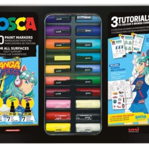 posca manga hero maleta metalica con 20 marcadores de pintura + 3 tutoriales surtido en color y trazo punta de poliester tinta pigmentada base agua resistente a la luz colores surtidos