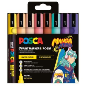 posca manga hero edicion limitada pc 5m pack con 8 marcadores de pintura punta de bala 1.8 2.5mm tinta base al agua resistente a la luz no permanente colores pastel surtidos