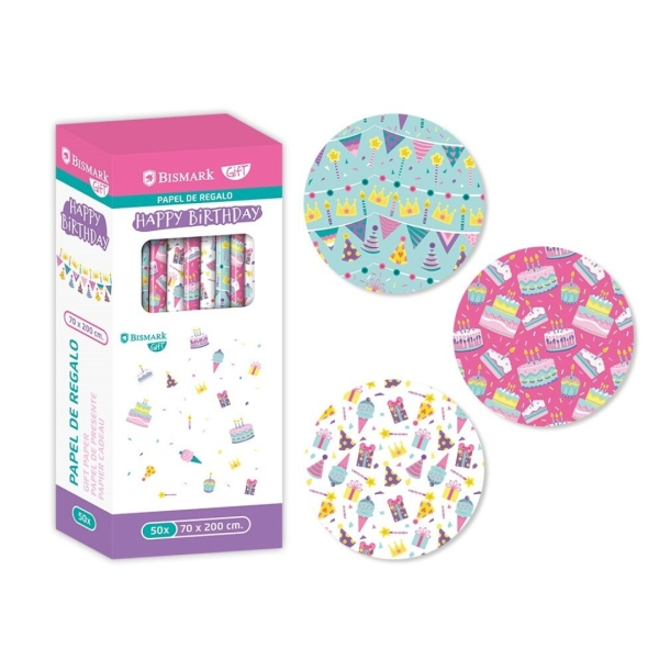 bismark happy birthday rollo de papel regalo medidas 70cmx200cm 3 diseños diferentes