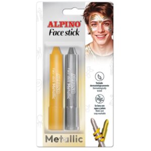 alpino fiesta face stick pack con 2 barritas de pintura facial sistema retractil giratorio se lava con agua testado dermatologicamente color plata y oro