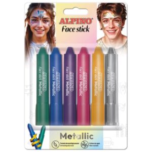 alpino fiesta face stick metallic pack con 6 barritas de pintura facial sistema retractil giratorio se lava con agua testado dermatologicamente colores surtidos metalicos