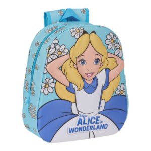 safta alicia en el pais de las maravillas mochila 3d de 8.64l portabotellas tarjeta de identificacion personal hombreras acolchadas 27x33x10cm color azul claro