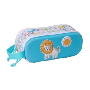 safta lion estuche portatodo 3d 2 compartimentos cierre de cremallera asa de mano 21x8x6cm color blanco y azul