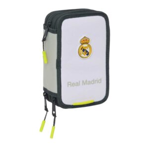 safta real madrid plumier de 1.3l con 37 piezas 3 compartimentos cierre de cremallera 12.5x19.5x5.5cm color blanco y negro