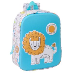 safta lion mochila guarderia 3d de 6l asa de mano superior asas regulables y acolchadas cierre de cremallera 22x27x10cm color blanco y azul