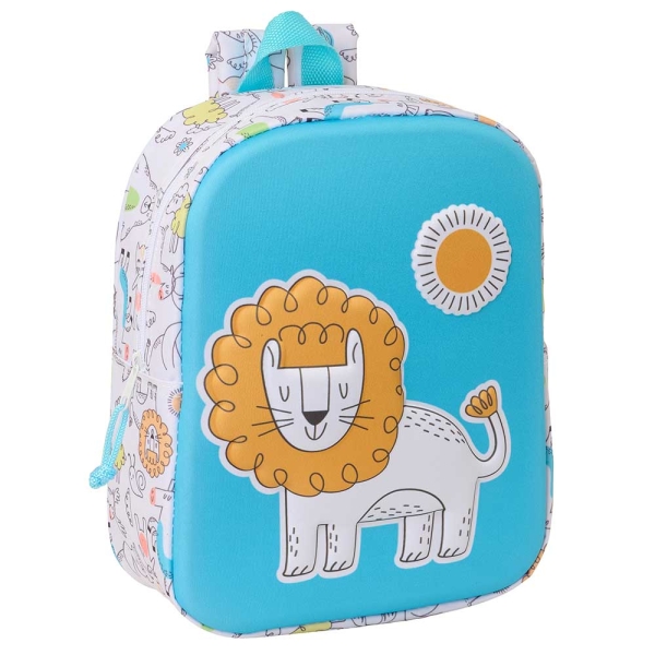 safta lion mochila guarderia 3d de 6l asa de mano superior asas regulables y acolchadas cierre de cremallera 22x27x10cm color blanco y azul