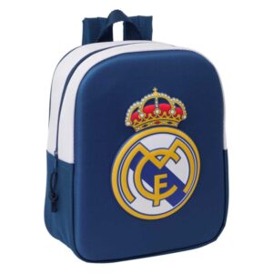 safta real madrid mochila guarderia 3d de 6l asa de mano superior asas regulables y acolchadas cierre de cremallera 22x27x10cm color blanco y azul