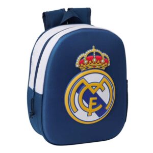 safta real madrid mochila 3d de 8.64l portabotellas tarjeta de identificacion personal hombreras acolchadas 27x33x10cm color blanco y azul