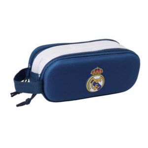 safta real madrid estuche portatodo 3d de 1l 2 compartimentos cierre de cremallera asa de mano 21x8x6cm color blanco y azul