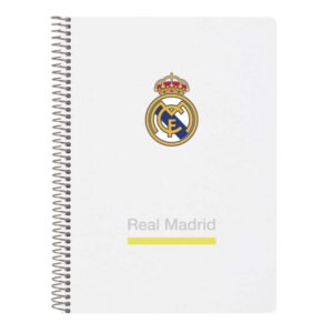 safta real madrid cuaderno espiral tapas duras 80 hojas a4 con cuadriculada 4x4mm formato cuarto 15.5x22x1cm color blanco y negro