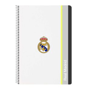 safta real madrid cuaderno espiral tapas duras 80 hojas a4 con cuadriculada 4x4mm formato folio 21.5x31x1cm color blanco y negro
