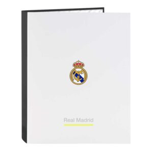 safta real madrid carpeta de 4 anillas tapas duras forradas lomo de 40mm formato folio 26.5x33x4cm color blanco y negro