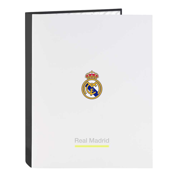 safta real madrid carpeta de 4 anillas tapas duras forradas lomo de 40mm formato folio 26.5x33x4cm color blanco y negro