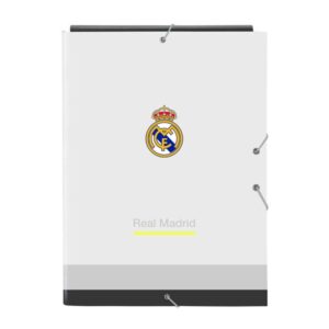 safta real madrid carpeta 3 solapas tapas duras forradas cierre con gomas elasticas formato folio 26x33.5x2.5cm color blanco y negro