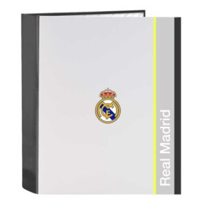 safta real madrid carpeta de 4 anillas tapas duras forradas lomo de 60mm formato folio 27x33x6cm color blanco y negro