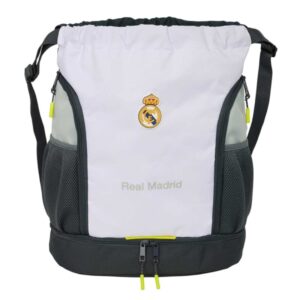 safta real madrid saco mochila de 21.93l portabotellas hombreras ajustables bolsillos con cremallera 35x40x1cm color blanco y negro