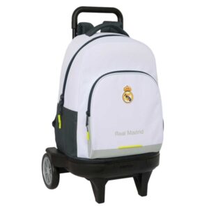 safta real madrid compact mochila con carro integrado portabotellas extraible para limpieza ruedas con goma antivibracion carro de pp, acero y pvc 33x45x22cm color blanco y negro