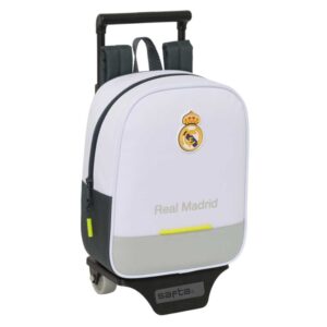 safta real madrid mochila de 6l con carro 805 integrado extraible para lavado tarjeta de identificacion personal carro de pp y pvc resistentes 22x27x10cm color blanco y negro
