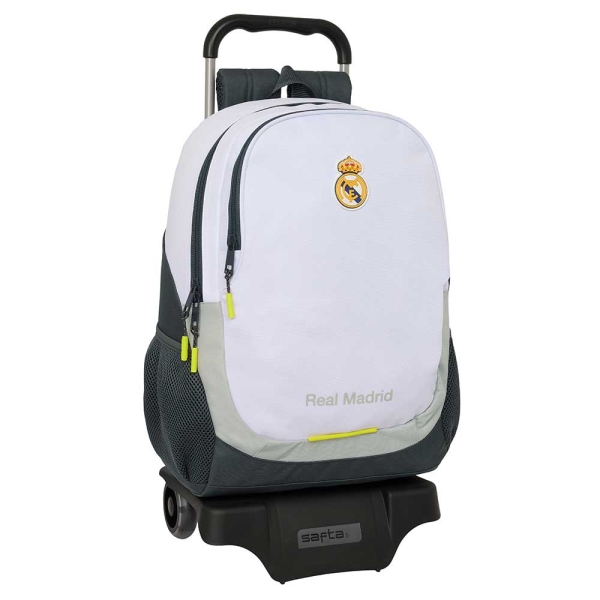 safta real madrid mochila de 22.5l con carro 905 integrado portabotellas extraible para limpieza carro de pp, acero y pvc 32x44x16cm color blanco y negro