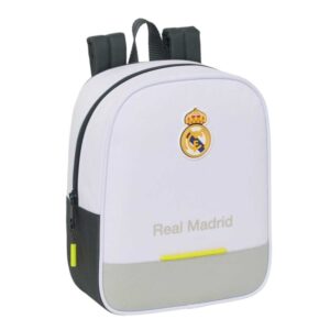 safta real madrid mochila guarderia de 6l adaptable a carro tarjeta de identificacion personal cierre de cremallera 22x27x10cm color blanco y negro