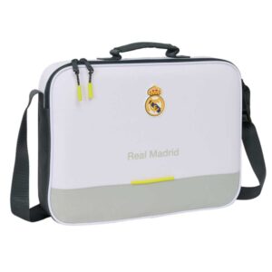 safta real madrid maletin con cremallera de 6l bandolera ajustable asa de mano forrada fondo semirigido extraible 38x28x6cm color blanco y negro