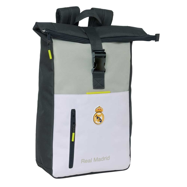 safta real madrid mochila de 15.3l para portatil hasta 15.6" solapa con hebilla rejilla antisudor 28x42x13cm color blanco y negro