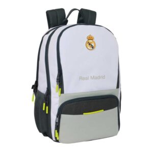 safta real madrid mochila de 21.4l para portatil hasta 14.1" compartimento para raqueta de padel espacio para zapatillas rejilla antisudor 30x42x17cm color blanco y negro