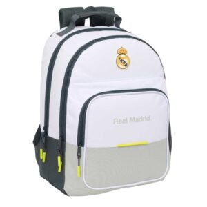 safta real madrid mochila escolar de 21.5l adaptable a carro 3 compartimentos portabotellas 32x42x16cm color blanco y negro