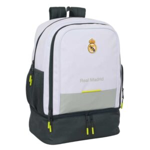 safta real madrid mochila escolar de 42l portabotellas compartimento semirigido inferior bolsillos con cremallera 35x50x24cm color blanco y negro
