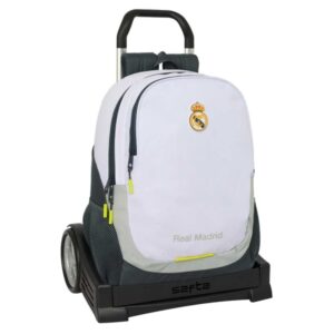 safta real madrid mochila de 22.5l con carro evolution integrado portabotellas extraible para limpieza carro de pp, acero y pvc 32x44x16cm color blanco y negro