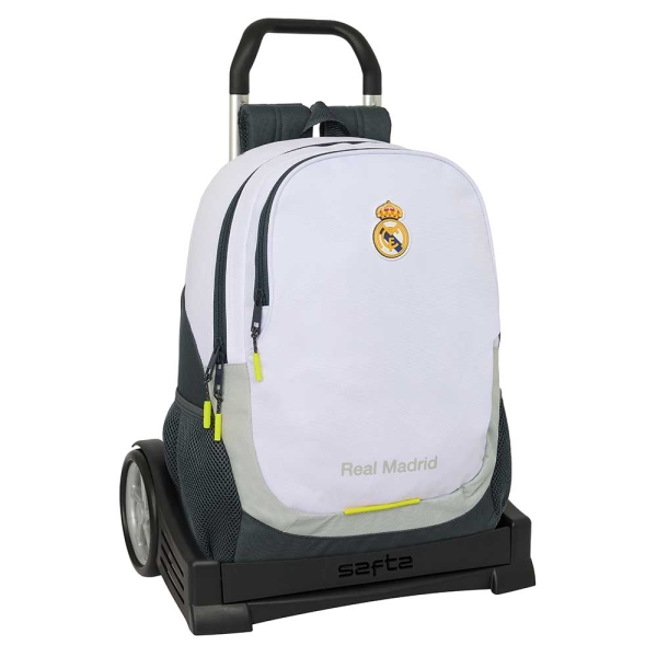 safta real madrid mochila de 22.5l con carro evolution integrado portabotellas extraible para limpieza carro de pp, acero y pvc 32x44x16cm color blanco y negro